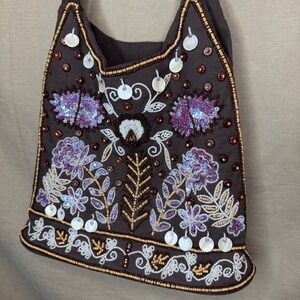 Whimsy Boho Beaded Floral Sequin Shoulder Bag Brown Spiegel Purse Fairy